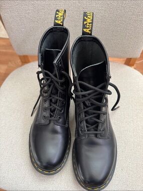 Dr. Martens Black Leather Lace-Up Ankle Boots with Yellow Stitching